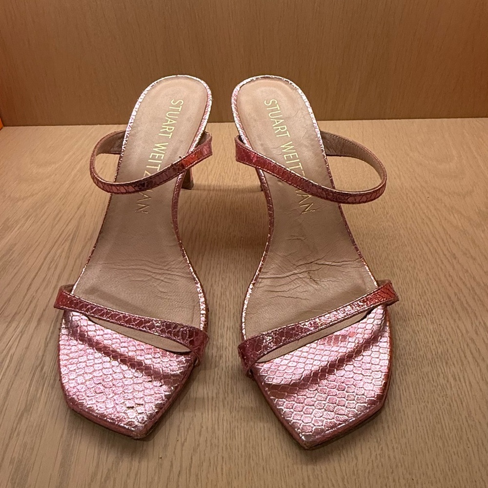STUART WEITZMAN Aleena Snakeskin-Embossed Metallic Leather Sandals size 8.5
